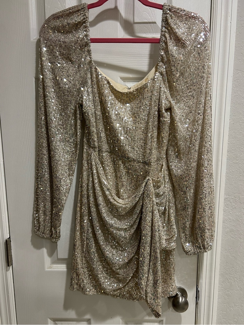 Altar'd State Sequin Draped Long-Sleeve Mini Dress in Champagne | Medium